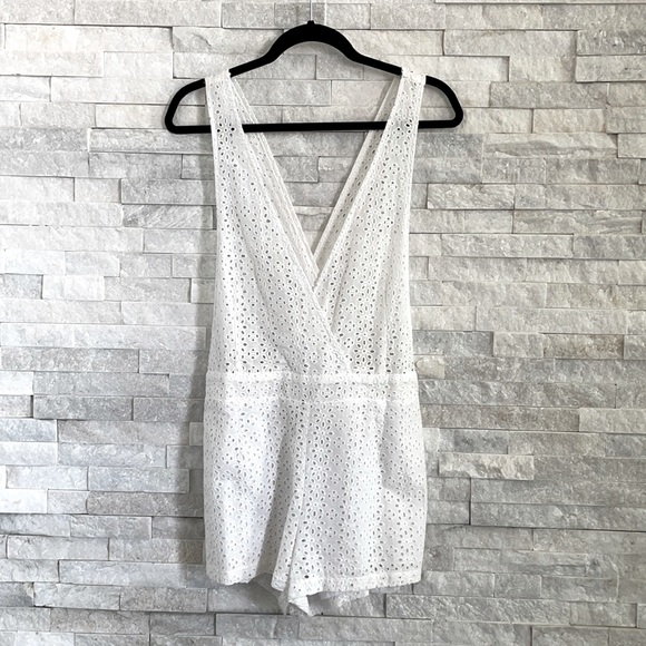 White Eyelet Surplice Short Overalls - Picture 1 of 7